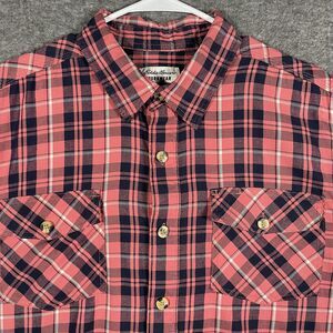 Eddie Bauer Shirt Mens XL Pink Plaid Short Sleeve Button Up Workwear Foreman Fit